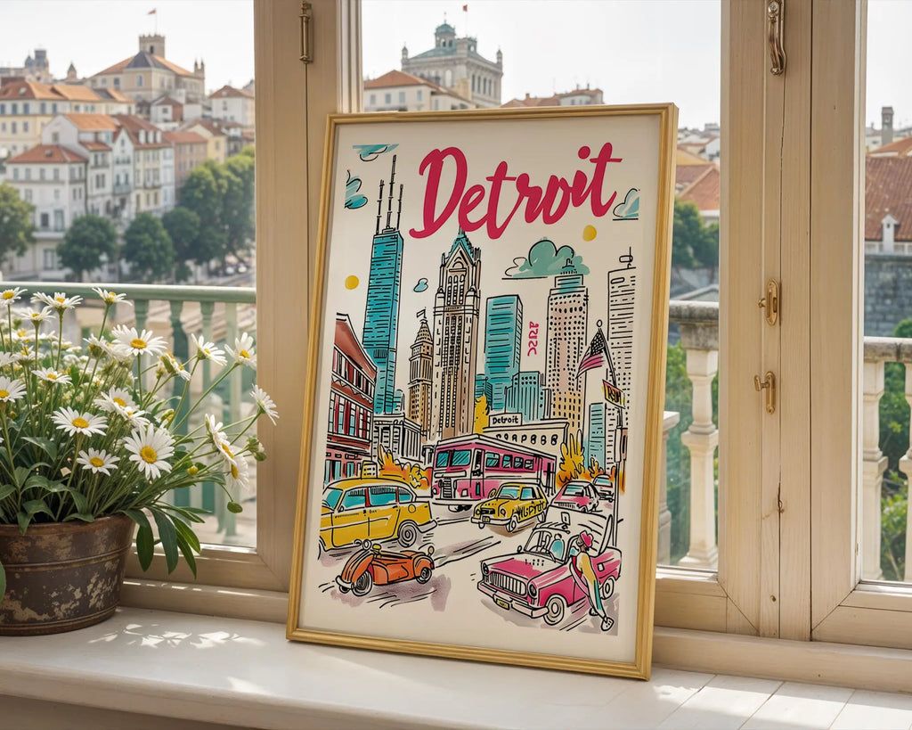 Colorful Detroit Cityscape Art Print | Michigan Travel Poster wall art print, modern home decor, unframed artwork by Nomad & Nest
