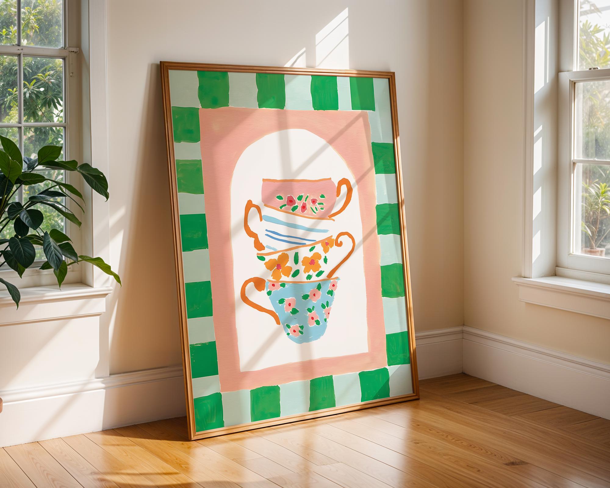 Stacked Teacups Art Print | Colorful Cottagecore Kitchen Decor wall art print, modern home decor, unframed artwork by Nomad & Nest