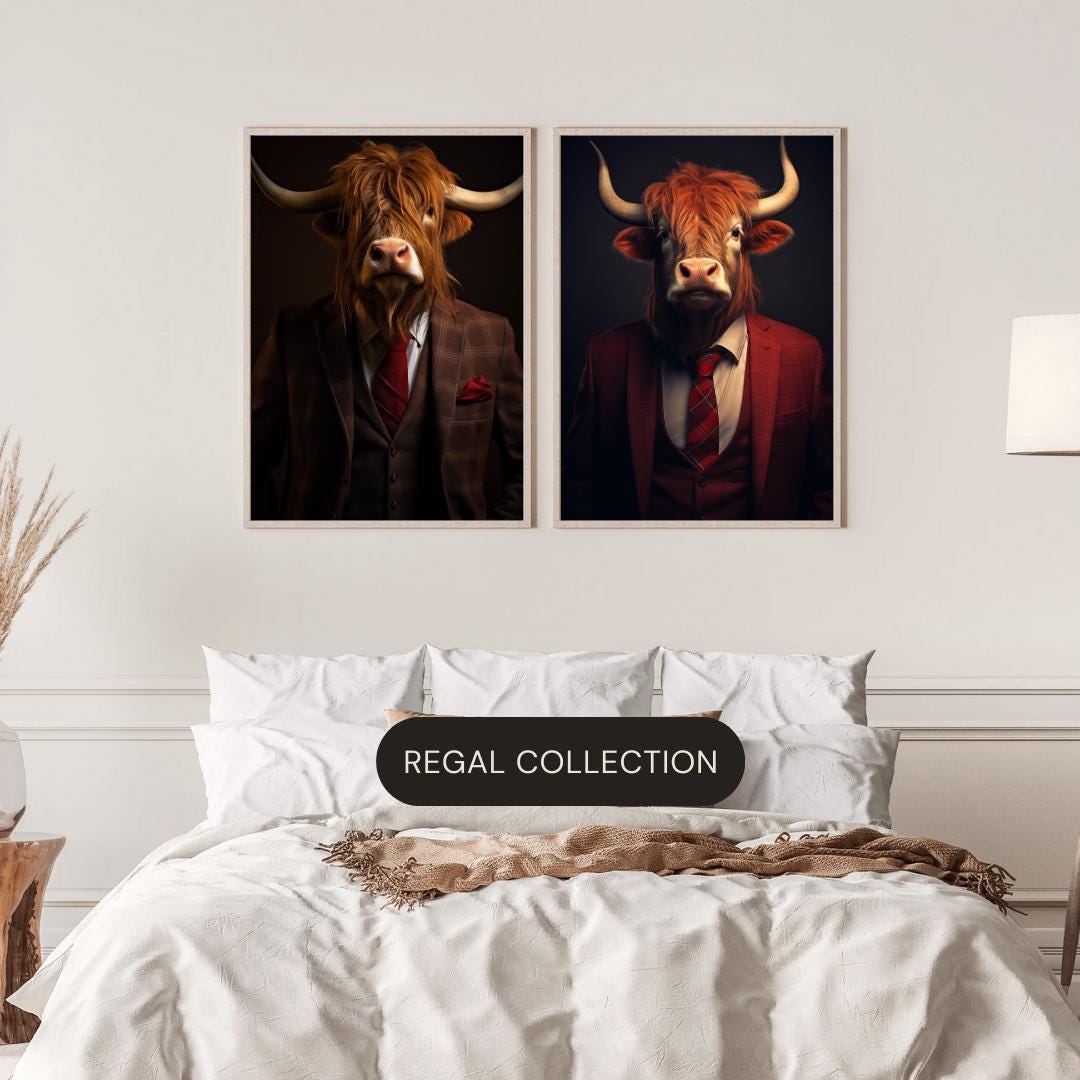 Highland Cow in Red Plaid Suit Print – Quirky Farmhouse Wall Art wall art print, modern home decor, unframed artwork by Nomad & Nest