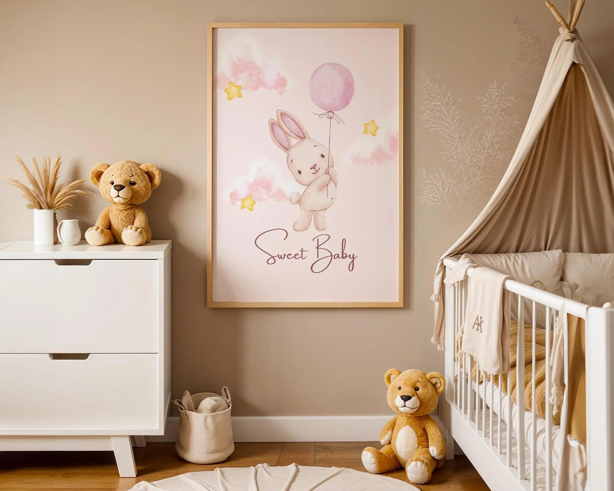 Playroom Ideas | Bunny Balloon Nursery Print | Dreamy Baby Wall Decor wall art print, modern home decor, unframed artwork by Nomad & Nest