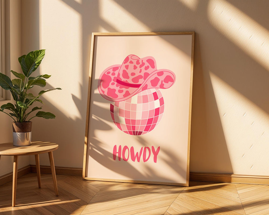 Pink Disco Ball Cowboy Hat Print | Girly Western Wall Art wall art print, modern home decor, unframed artwork by Nomad & Nest