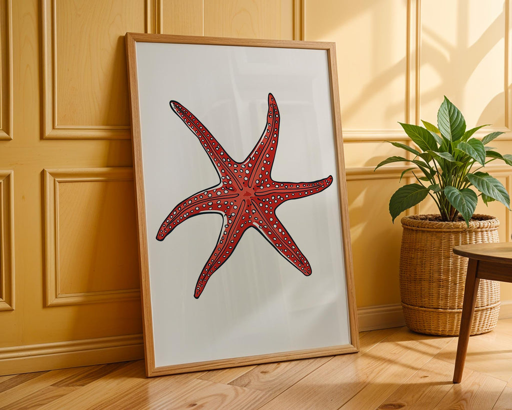 Bright Red Starfish Print, Coastal Sea Life Poster wall art print, modern home decor, unframed artwork by Nomad & Nest