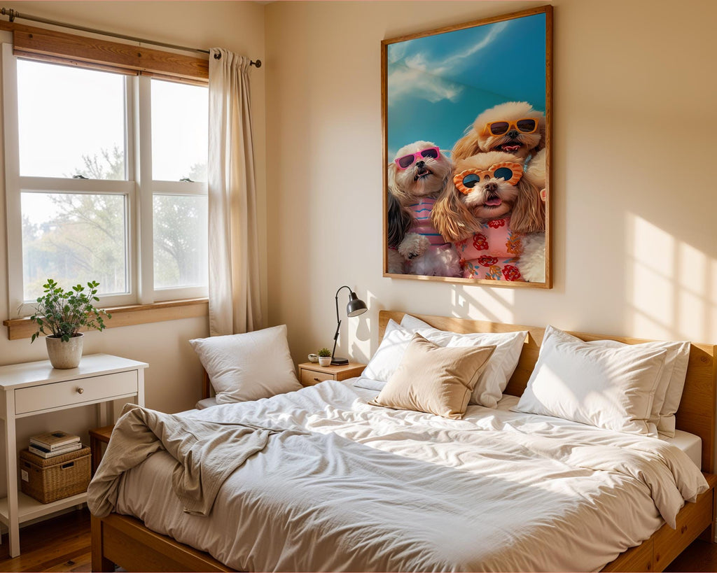 Colourful Prints | Funny Dogs Beach Print | Tropical Pup Art with Sunglasses wall art print, modern home decor, unframed artwork by Nomad & Nest
