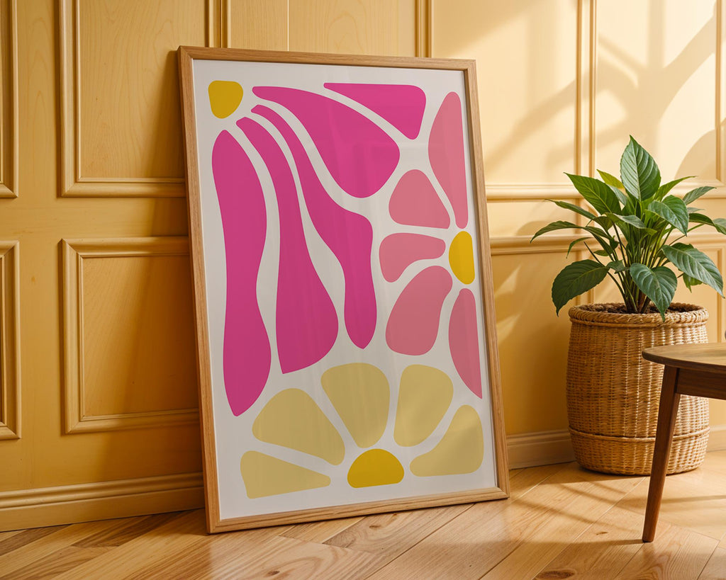 Pink and Yellow Floral Art Print | Groovy Mid Century Modern Decor wall art print, modern home decor, unframed artwork by Nomad & Nest