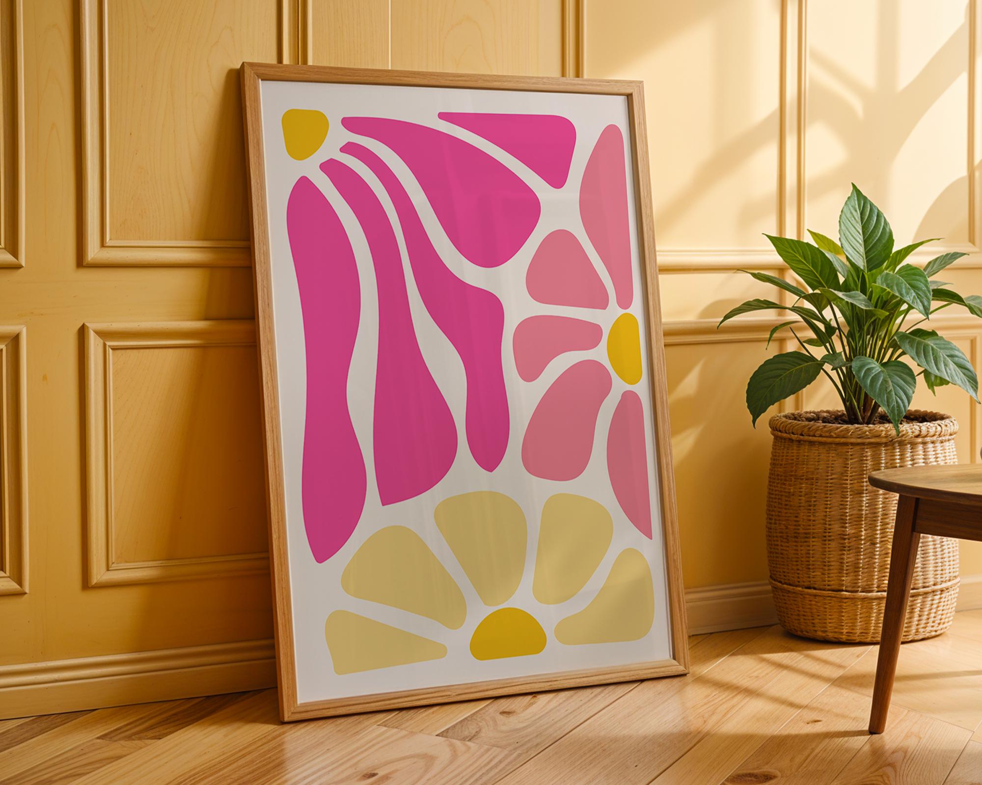 Pink and Yellow Floral Art Print | Groovy Mid Century Modern Decor wall art print, modern home decor, unframed artwork by Nomad & Nest