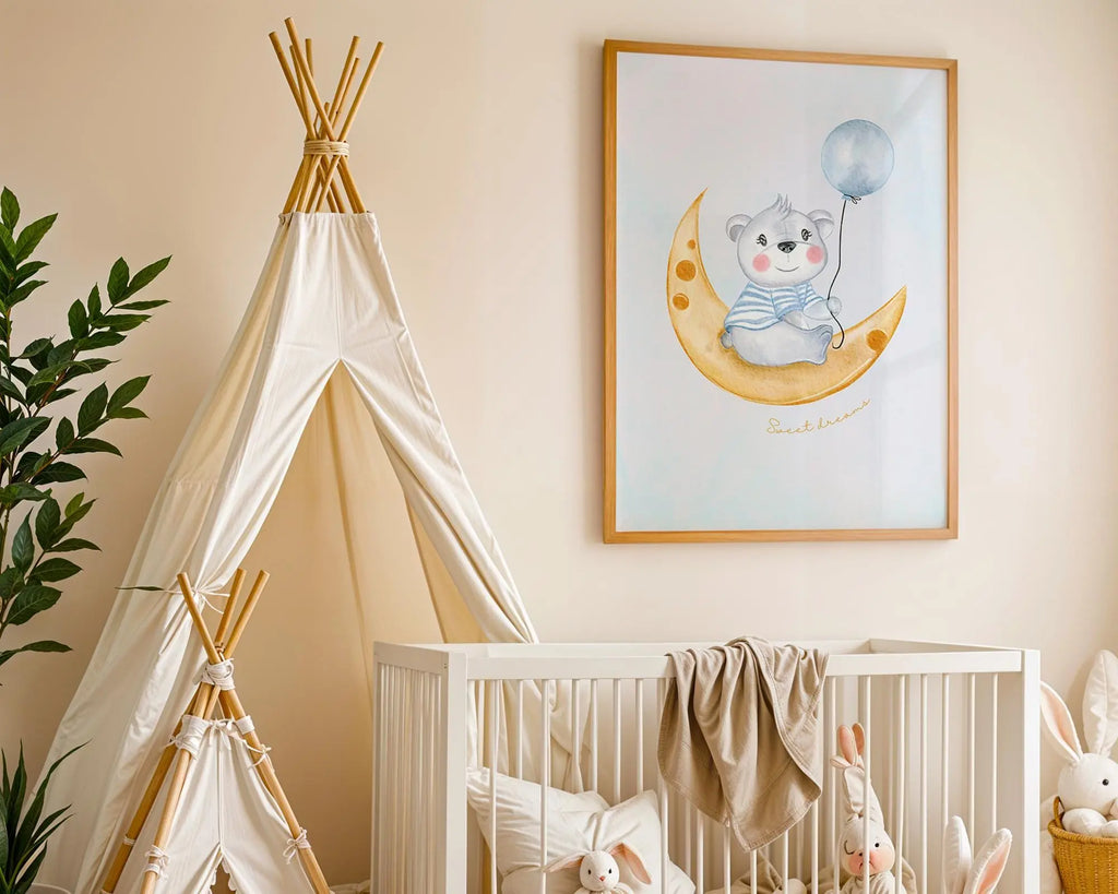 Playroom Ideas | Bear Moon Nursery Art | Sweet Dreams Baby Wall Print wall art print, modern home decor, unframed artwork by Nomad & Nest
