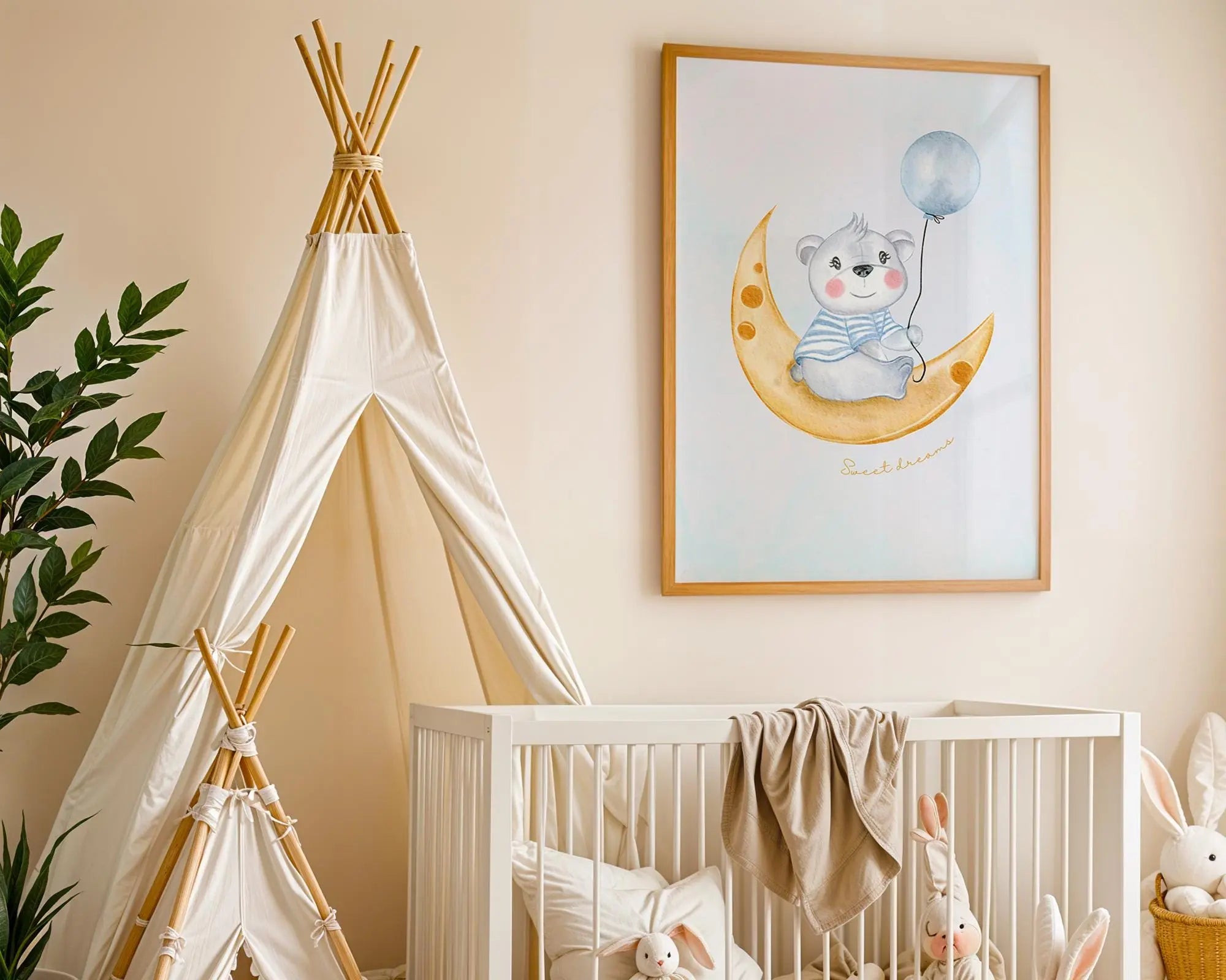 Playroom Ideas | Bear Moon Nursery Art | Sweet Dreams Baby Wall Print wall art print, modern home decor, unframed artwork by Nomad & Nest