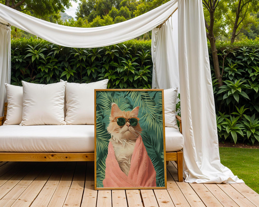 Colourful Prints | Tropical Ginger Cat Art Print | Funny Pink Towel, Palm Leaf Decor wall art print, modern home decor, unframed artwork by Nomad & Nest