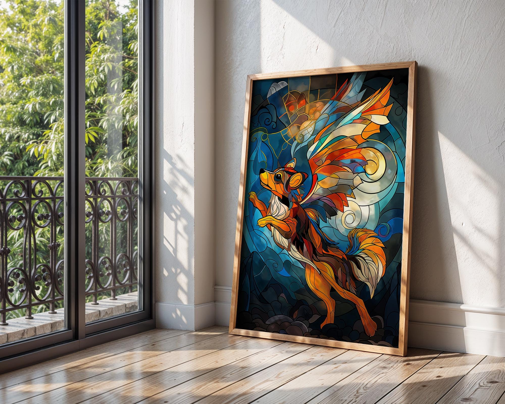 Stained Glass Winged Dog Print | Fantasy Animal Wall Art wall art print, modern home decor, unframed artwork by Nomad & Nest