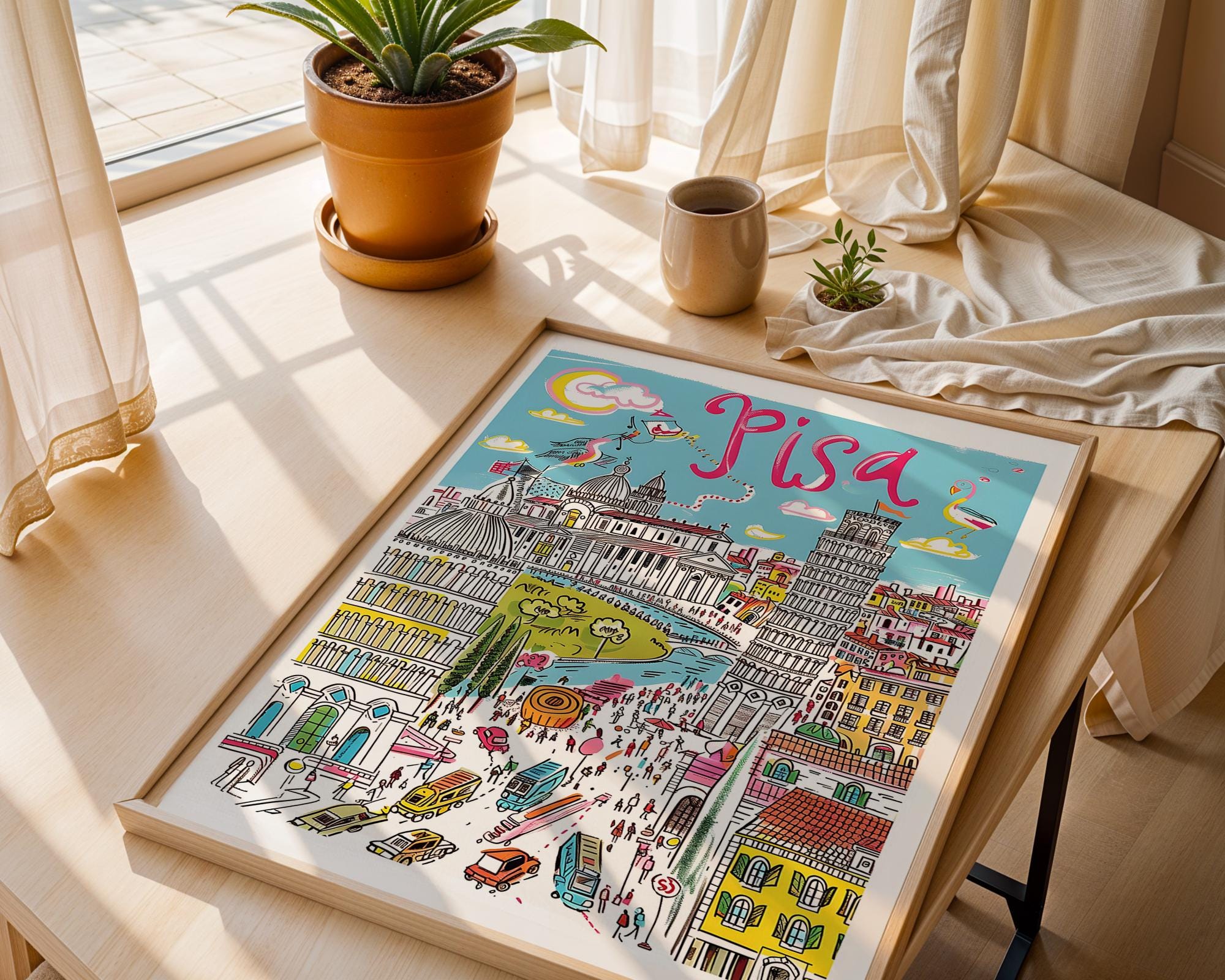 Leaning Tower of Pisa Print | Colorful Italian Cityscape Poster wall art print, modern home decor, unframed artwork by Nomad & Nest
