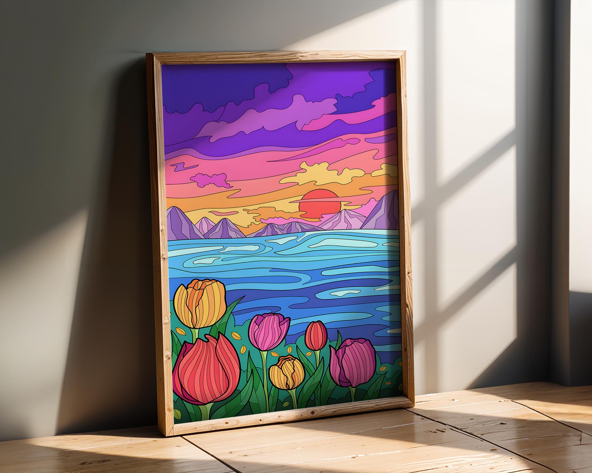 Modern Pop Art | Tulip Sunset Landscape  Print | Colorful Ocean Scene, Coastal Home Decor wall art print, modern home decor, unframed artwork by Nomad & Nest
