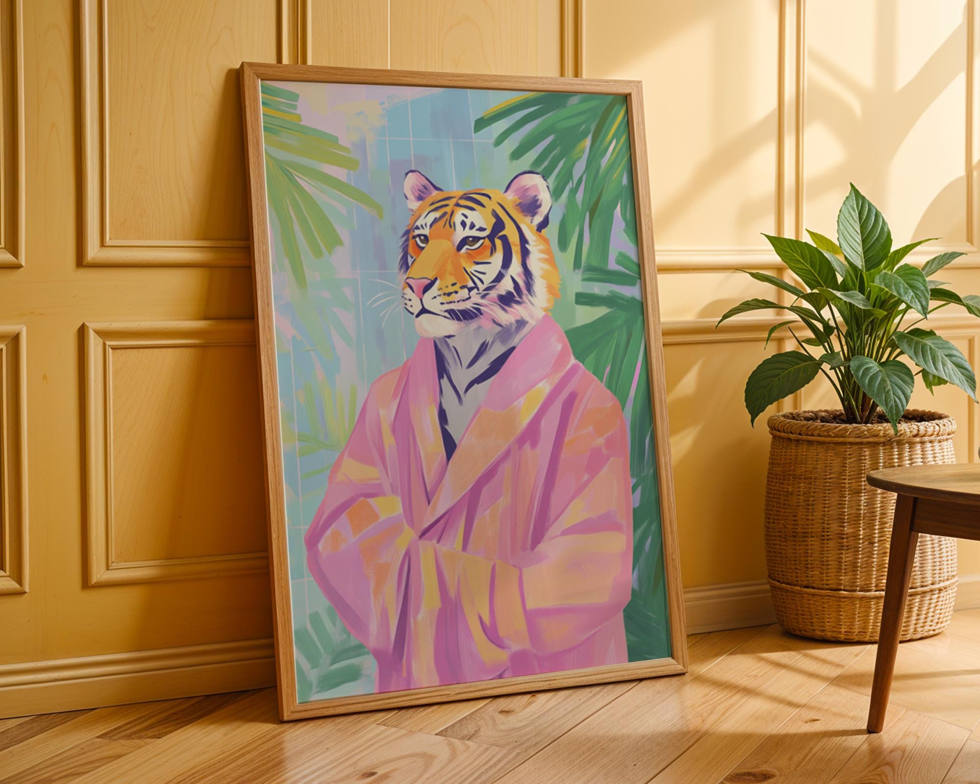 Tiger in Pink Robe Art Print | Whimsical Jungle Animal Poster wall art print, modern home decor, unframed artwork by Nomad & Nest