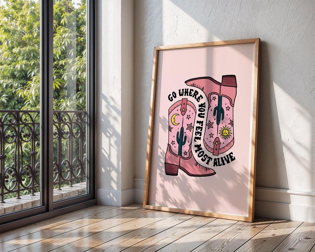 Pink Cowboy Boots Art Print | Retro Western Decor wall art print, modern home decor, unframed artwork by Nomad & Nest