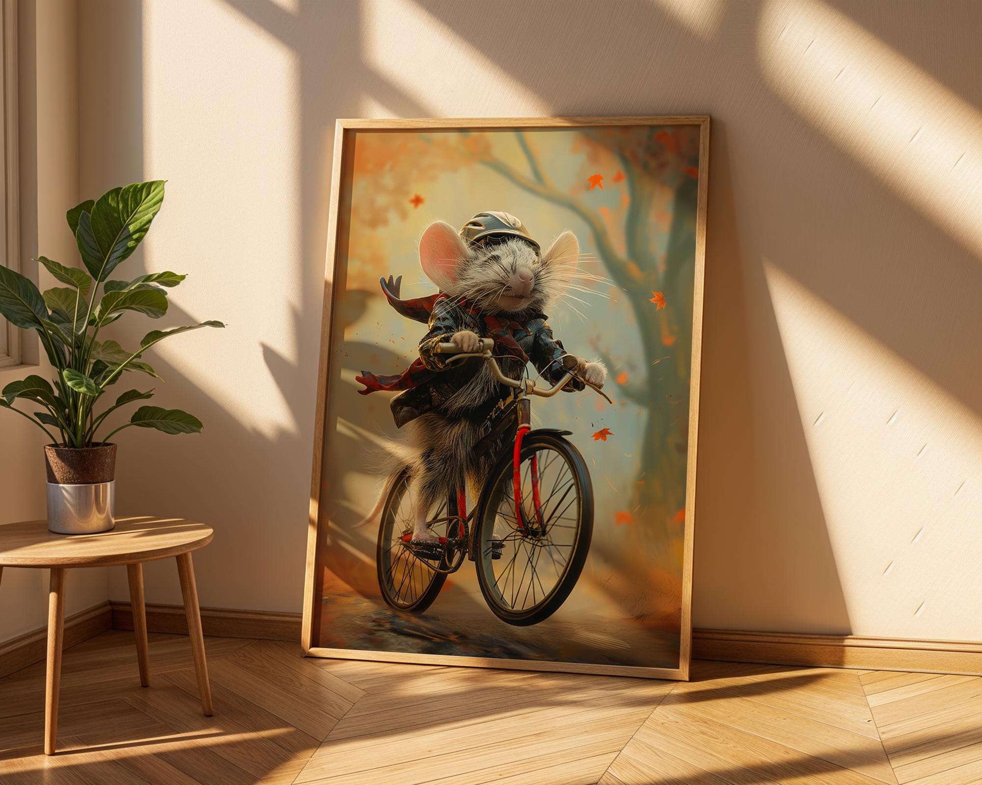 Autumn Mouse Bicycle Print | Whimsical Animal Art, Kids Room Decor wall art print, modern home decor, unframed artwork by Nomad & Nest