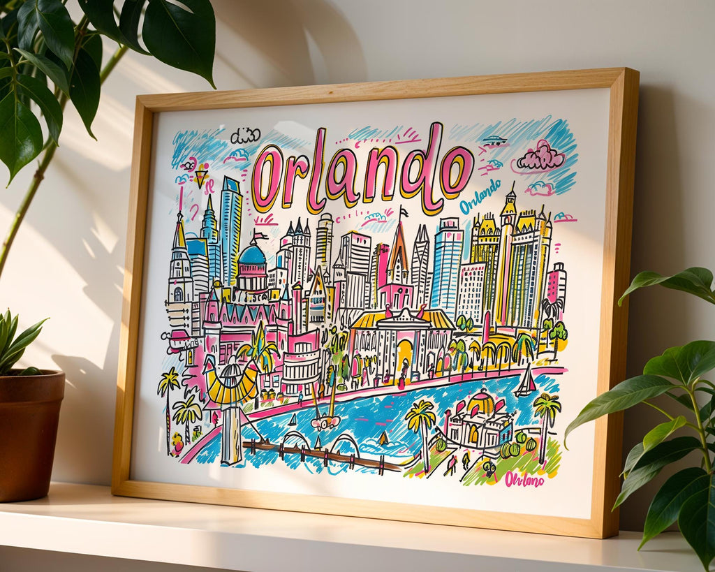 Orlando Florida Cityscape Poster | Colorful Travel Art Print wall art print, modern home decor, unframed artwork by Nomad & Nest