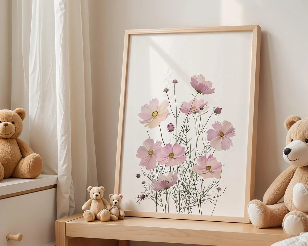 Playroom Ideas | Cosmos Flowers Nursery Art | Soft Pink Botanical Print wall art print, modern home decor, unframed artwork by Nomad & Nest