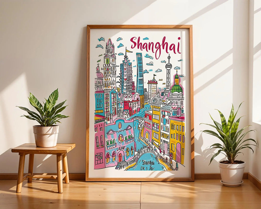 Shanghai Skyline Art Print | Colorful Hand-Drawn Cityscape wall art print, modern home decor, unframed artwork by Nomad & Nest