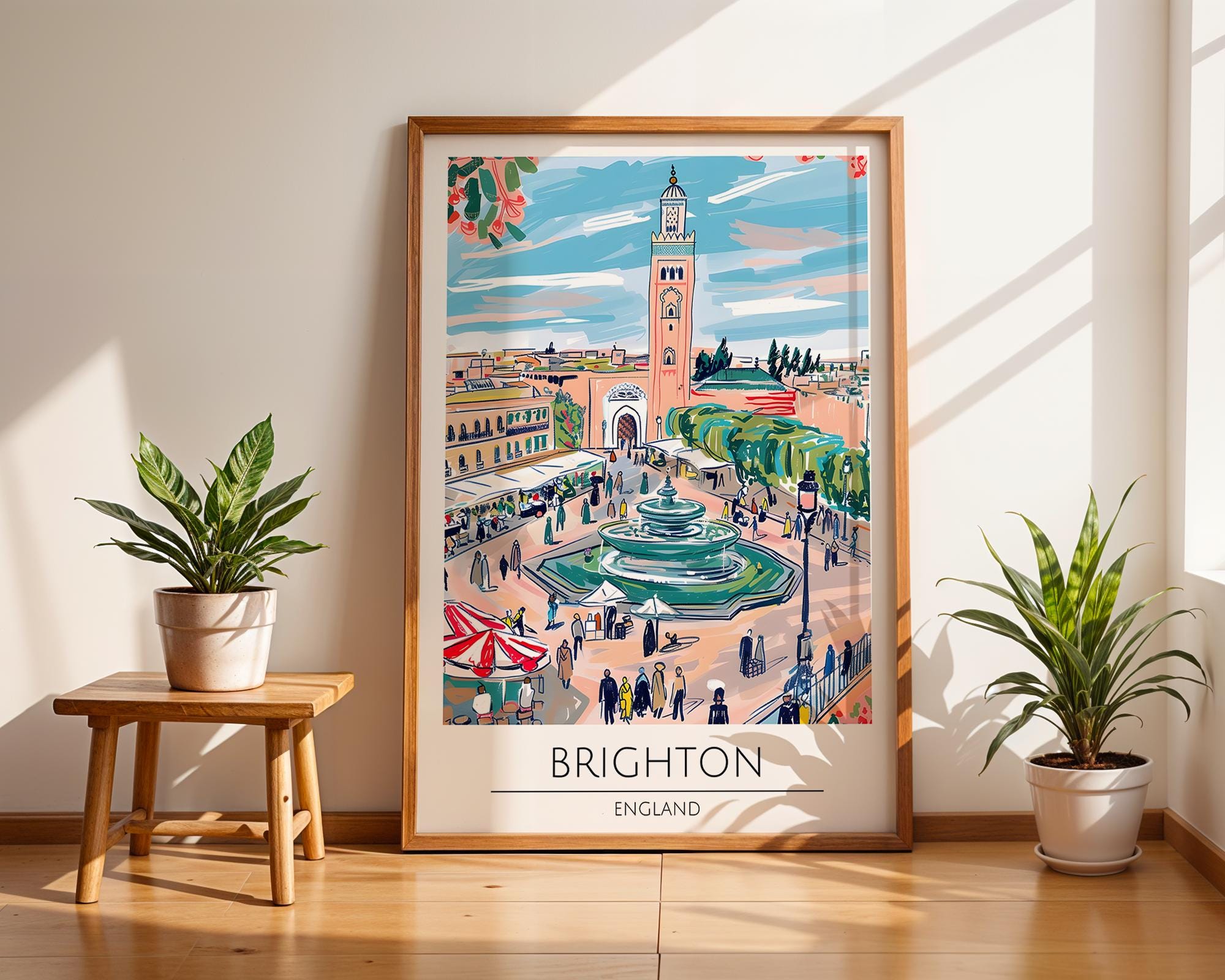Brighton England Travel Poster | British Seaside Fountain Art Print wall art print, modern home decor, unframed artwork by Nomad & Nest