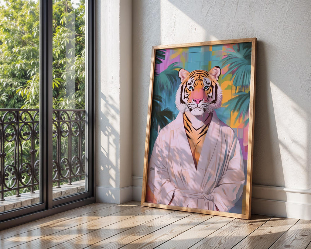 Tiger in Robe Art Print | Quirky Animal Poster wall art print, modern home decor, unframed artwork by Nomad & Nest