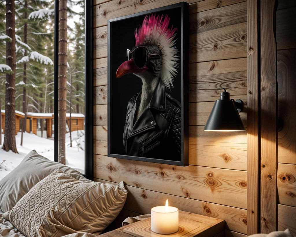 Punk Rock Flamingo Print | Leather Jacket Mohawk Bird Wall Art wall art print, modern home decor, unframed artwork by Nomad & Nest