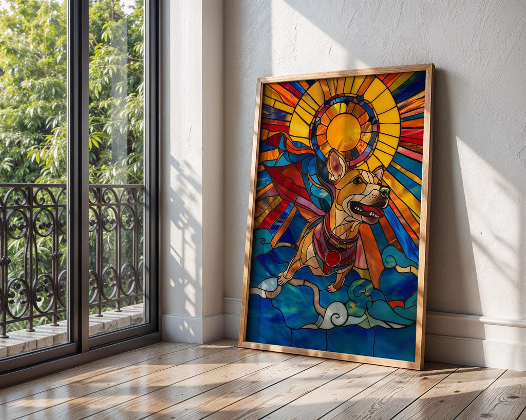 Stained Glass Superhero Dog Art Print | Colorful Mosaic Pet Décor wall art print, modern home decor, unframed artwork by Nomad & Nest