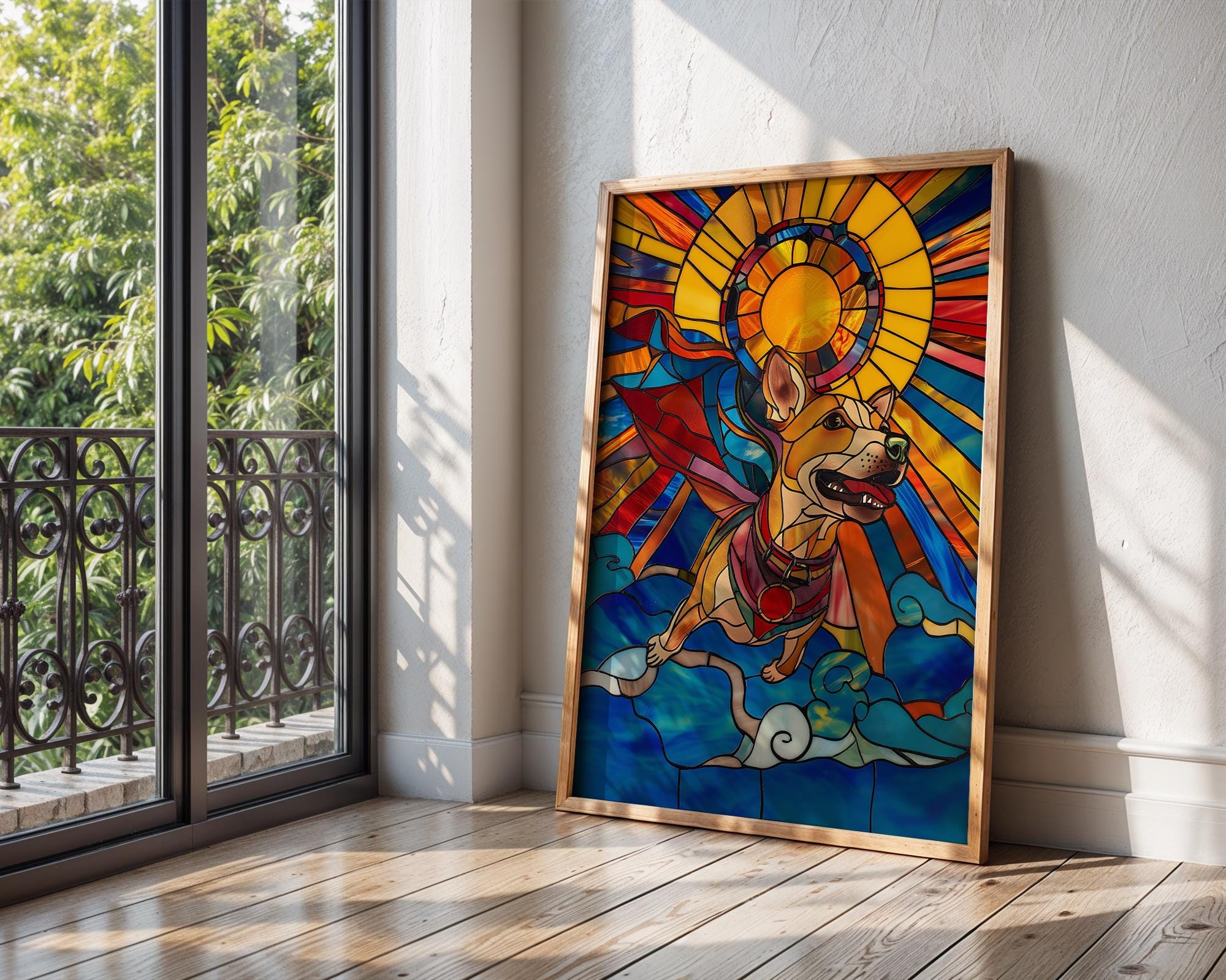 Stained Glass Superhero Dog Art Print | Colorful Mosaic Pet Décor wall art print, modern home decor, unframed artwork by Nomad & Nest