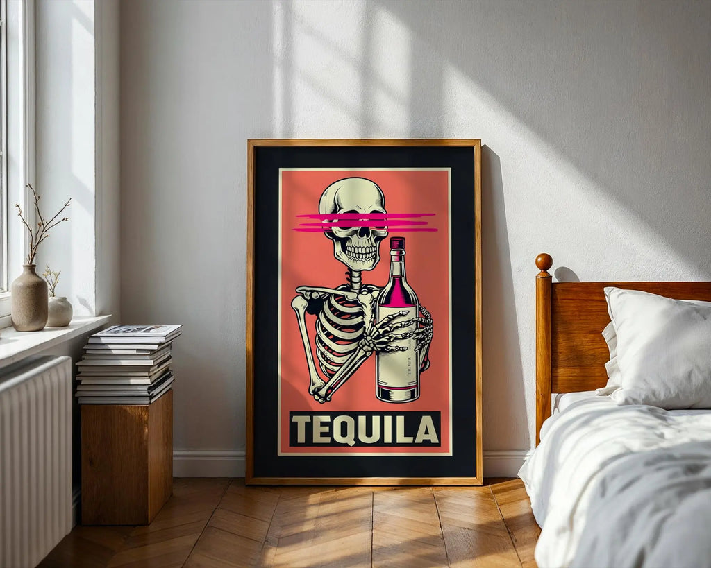 Positive Emotion | Tequila Skeleton Wall Art | Funny Drinking Poster | Bold Retro Bar Decor wall art print, modern home decor, unframed artwork by Nomad & Nest