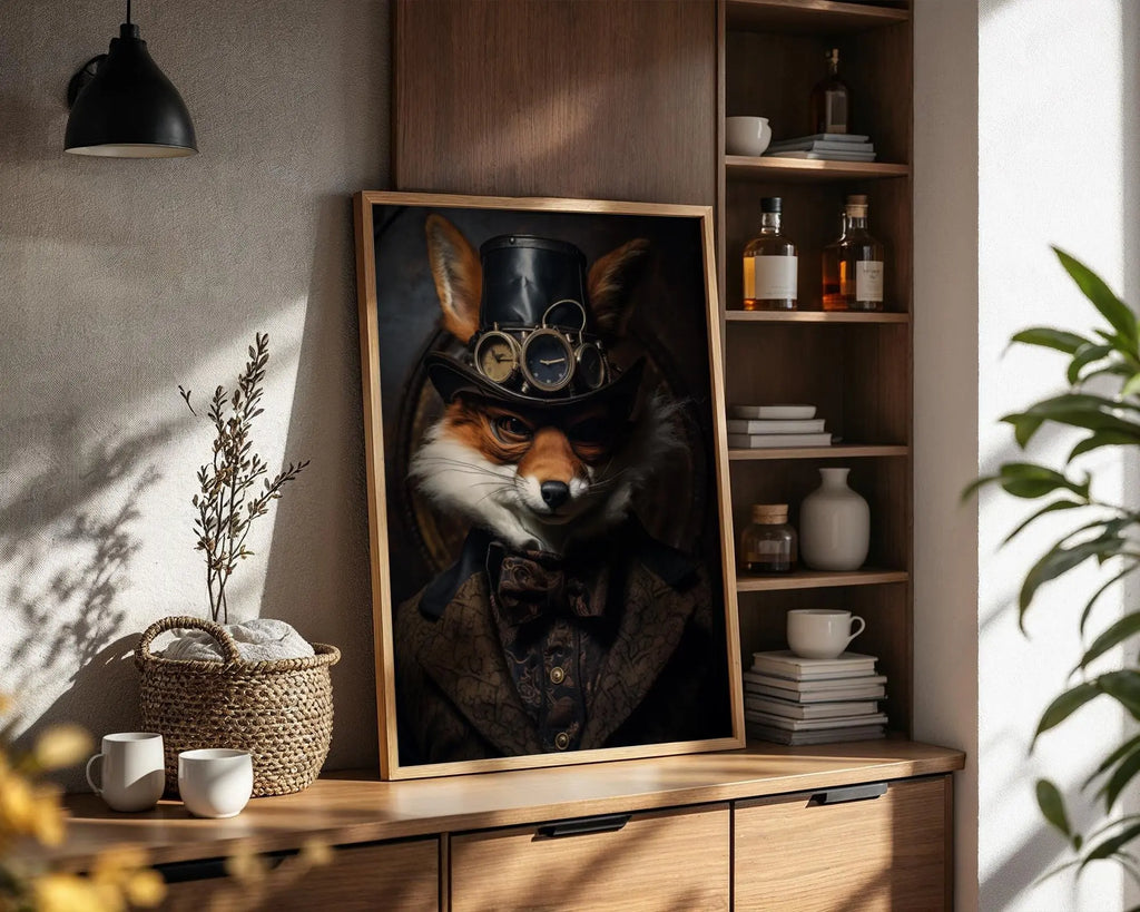Steampunk Fox Wall Art – Victorian Gentleman Animal Portrait with Goggles and Top Hat wall art print, modern home decor, unframed artwork by Nomad & Nest
