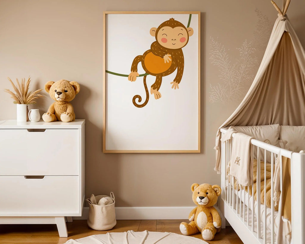Playroom Ideas | Swinging Monkey Nursery Wall Art | Playful Jungle Decor wall art print, modern home decor, unframed artwork by Nomad & Nest
