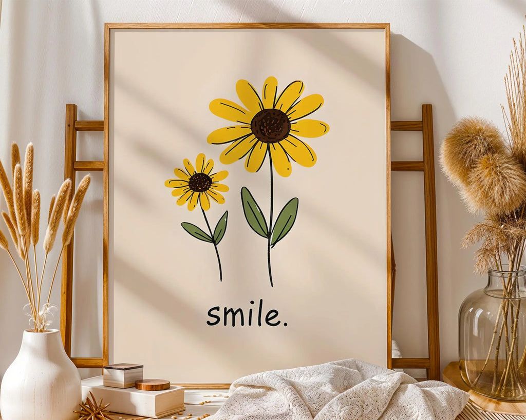 Positive Emotion | Smile Sunflower Wall Art | Simple Happy Floral Print | Cheerful Home Decor wall art print, modern home decor, unframed artwork by Nomad & Nest
