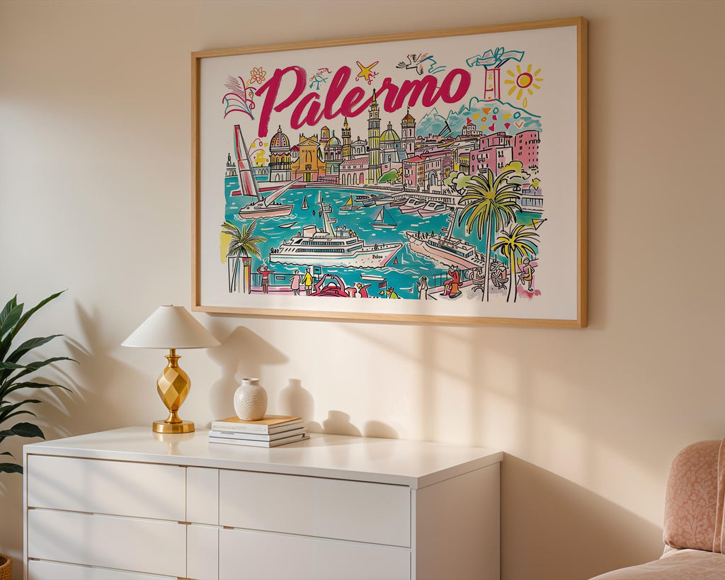 Palermo Italy Travel Poster | Colorful Sicilian Coastline Art Print wall art print, modern home decor, unframed artwork by Nomad & Nest