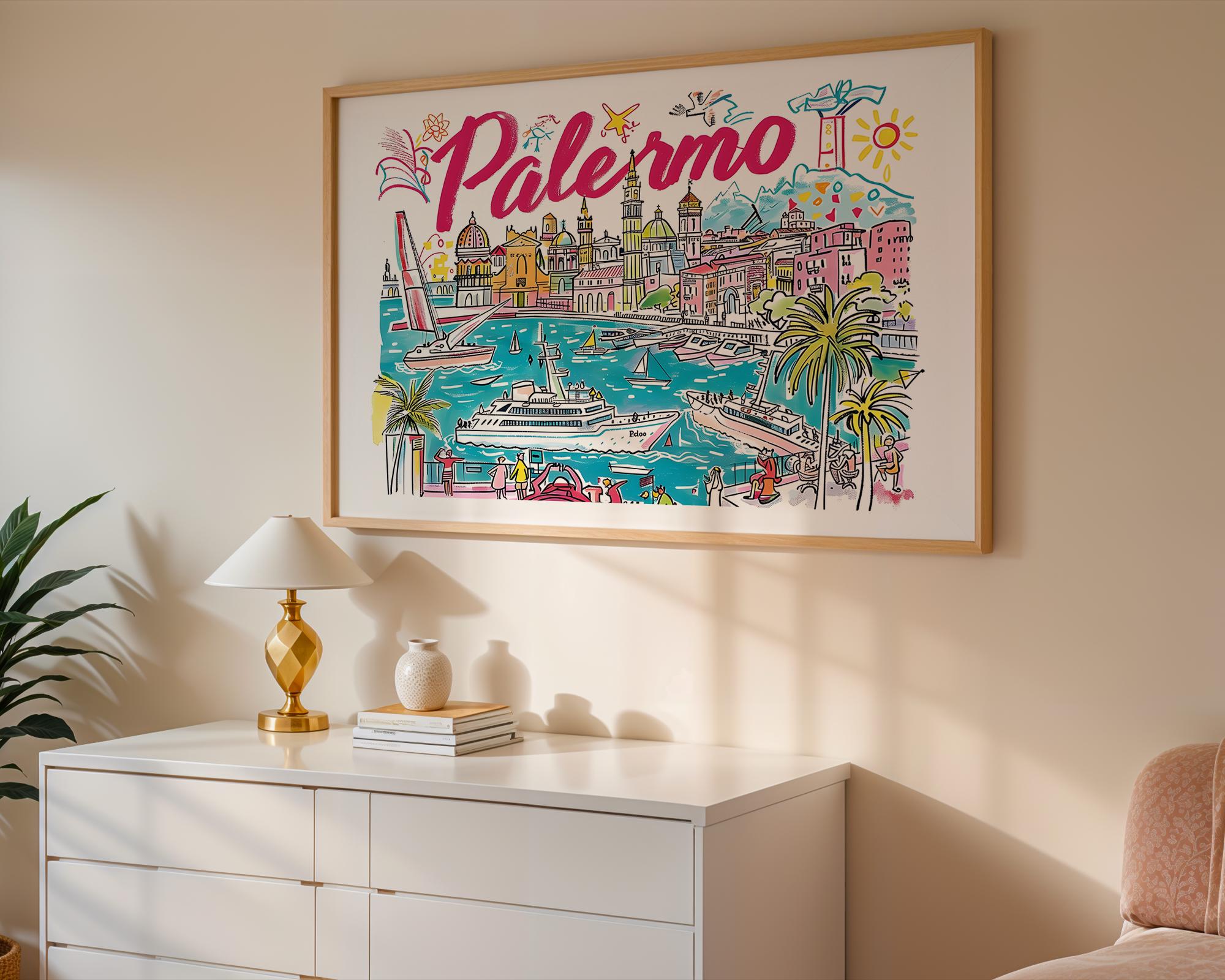 Palermo Italy Travel Poster | Colorful Sicilian Coastline Art Print wall art print, modern home decor, unframed artwork by Nomad & Nest