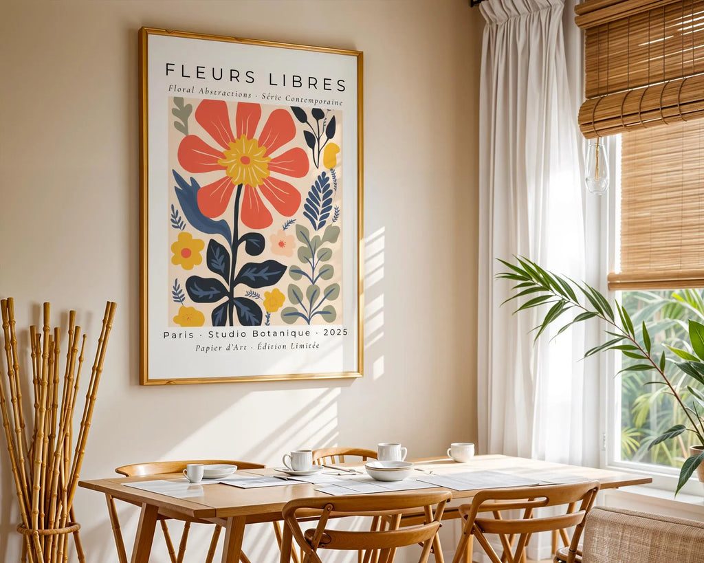 Abstract Floral Art Print | Coral, Navy & Yellow Botanical Poster wall art print, modern home decor, unframed artwork by Nomad & Nest
