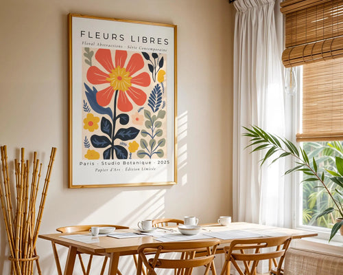 Abstract Floral Art Print | Coral, Navy & Yellow Botanical Poster wall art print, modern home decor, unframed artwork by Nomad & Nest