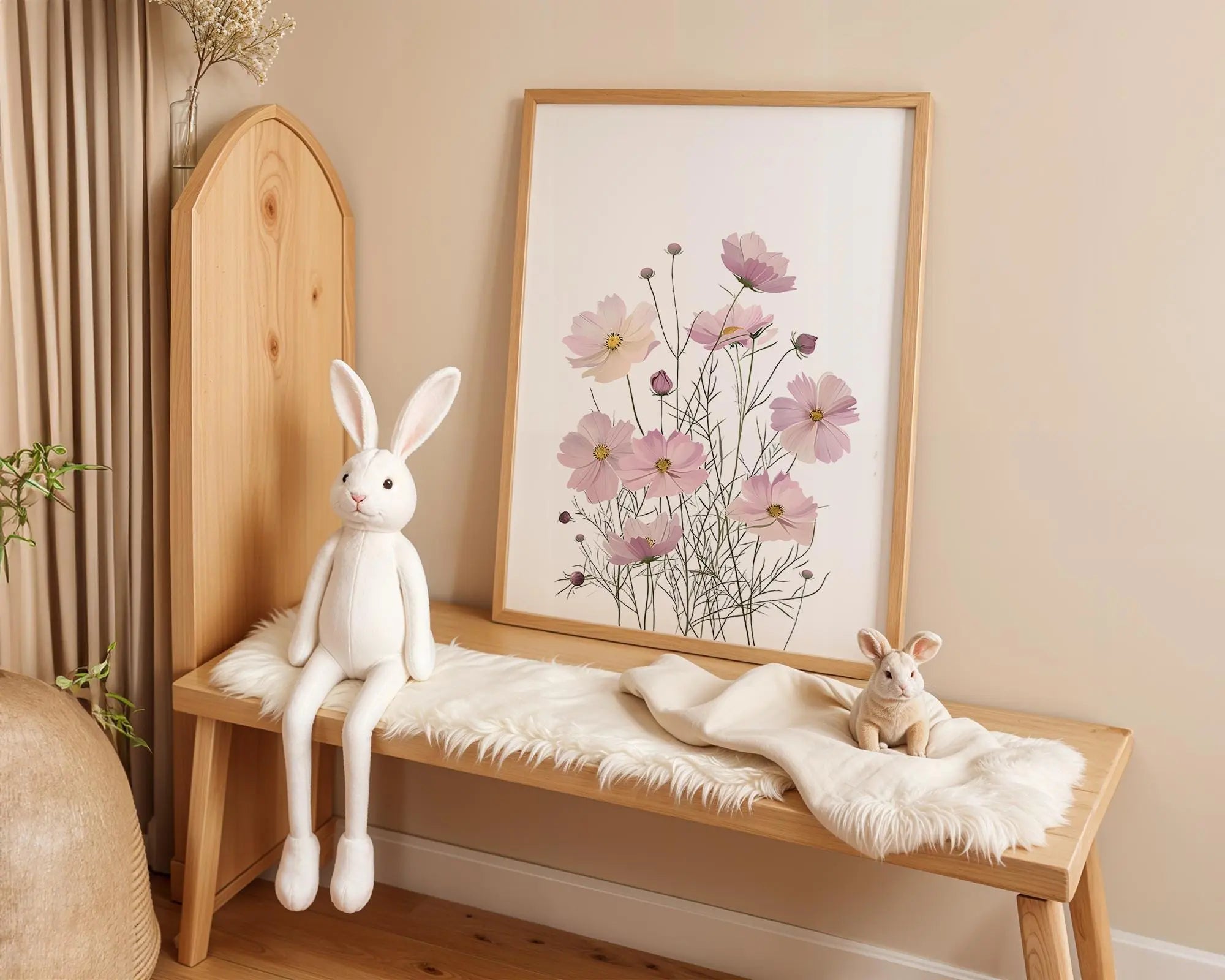 Playroom Ideas | Cosmos Flowers Nursery Art | Soft Pink Botanical Print wall art print, modern home decor, unframed artwork by Nomad & Nest