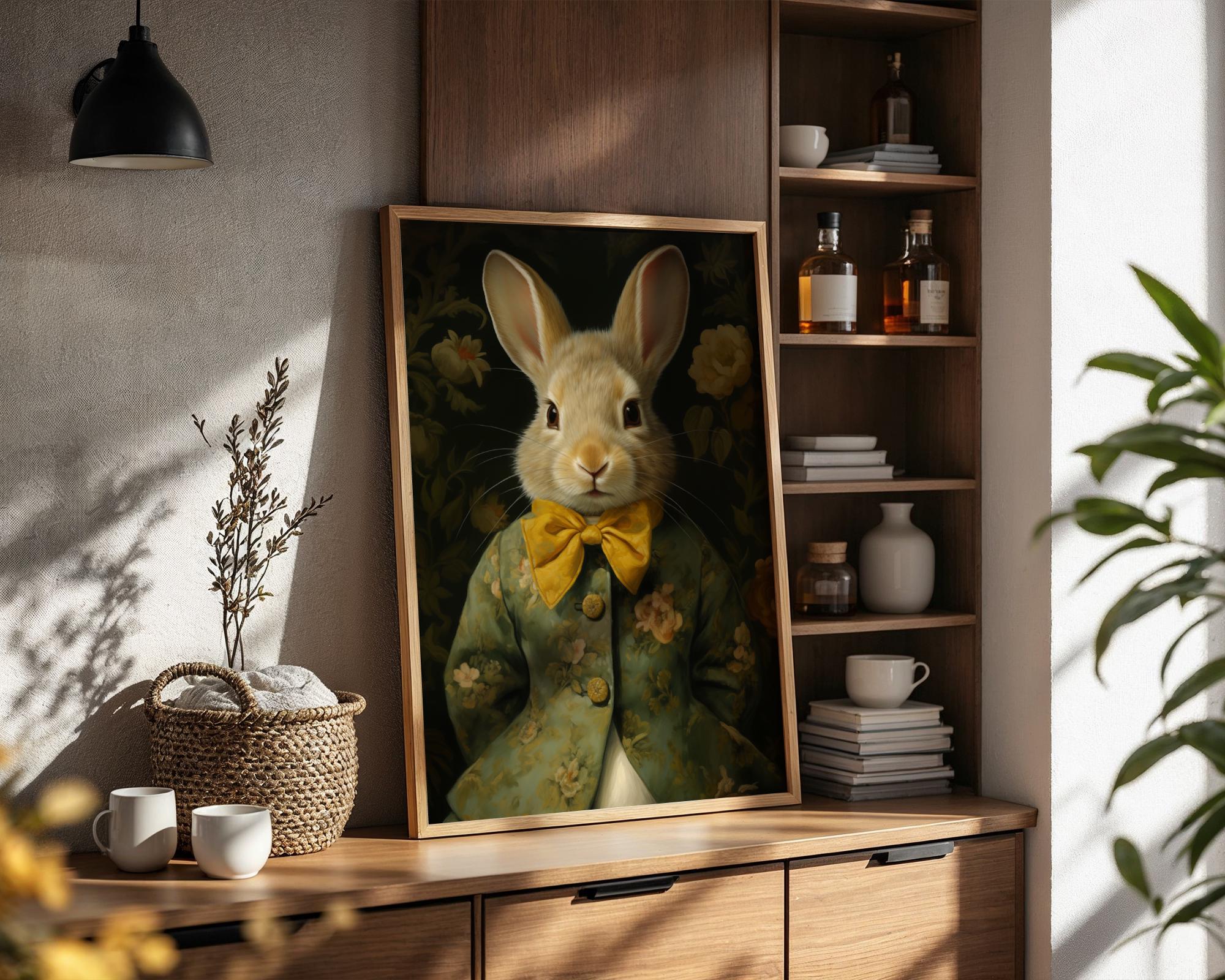 Floral Bunny Print - Anthropomorphic Rabbit in Green Jacket wall art print, modern home decor, unframed artwork by Nomad & Nest