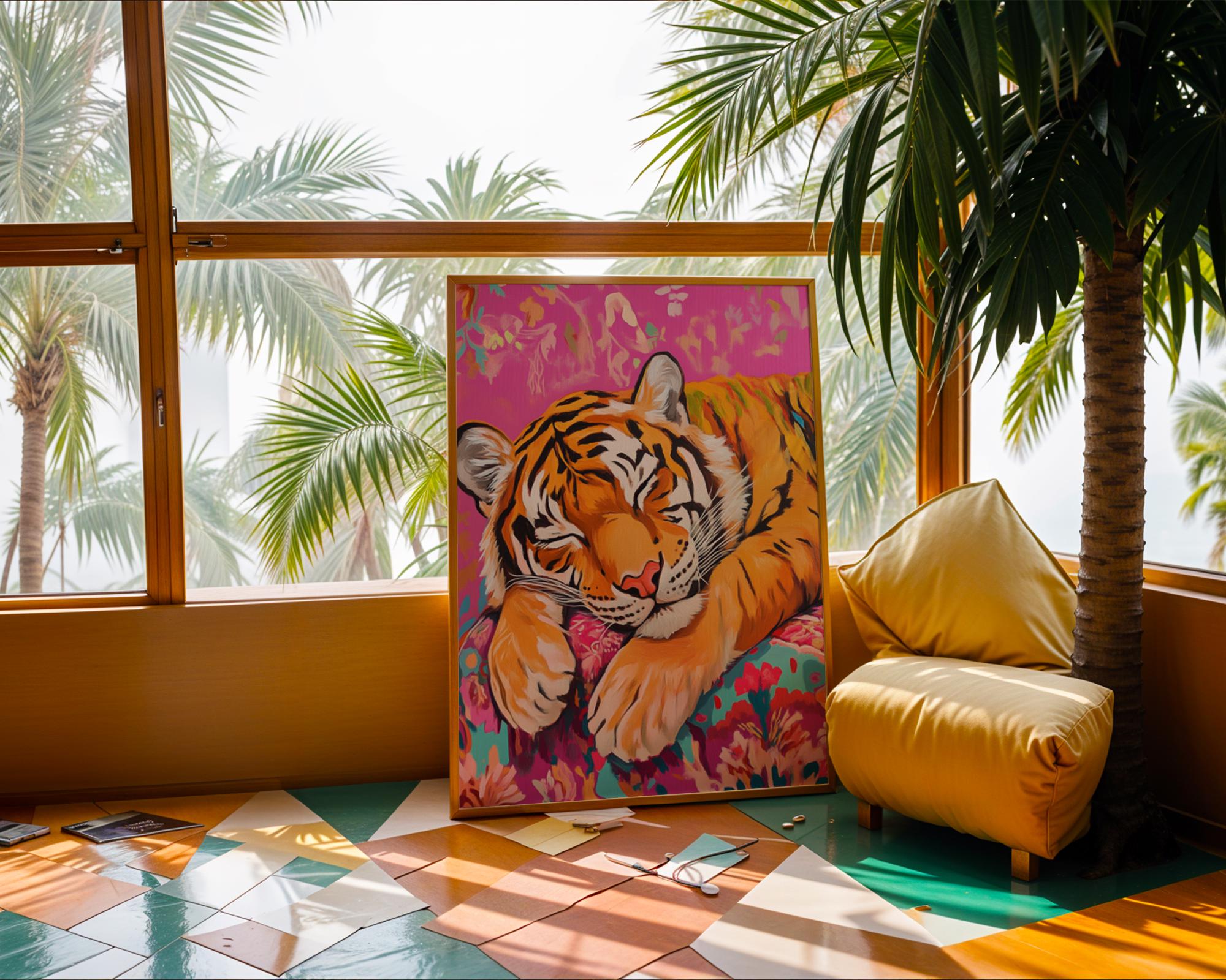 Sleeping Tiger Art Print | Pink Floral Cushion, Whimsical Jungle Decor wall art print, modern home decor, unframed artwork by Nomad & Nest