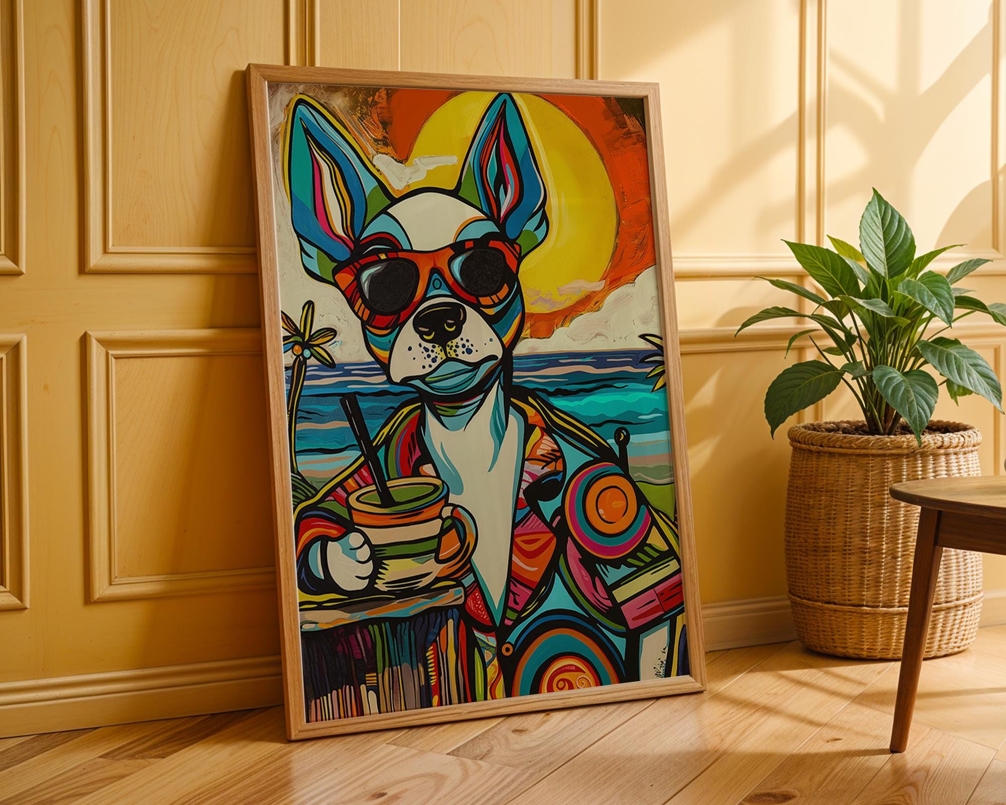 Boston Terrier Cocktail Art Print | Retro Summer Beach Poster wall art print, modern home decor, unframed artwork by Nomad & Nest