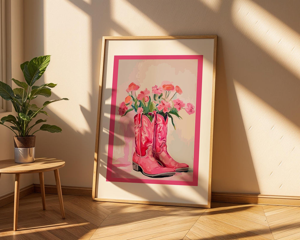 Pink Cowboy Boots Floral Print | Retro Western Wall Art wall art print, modern home decor, unframed artwork by Nomad & Nest