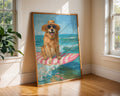 Colourful Prints | Surfer Golden Retriever Art Print | Beach House Coastal Decor wall art print, modern home decor, unframed artwork by Nomad & Nest