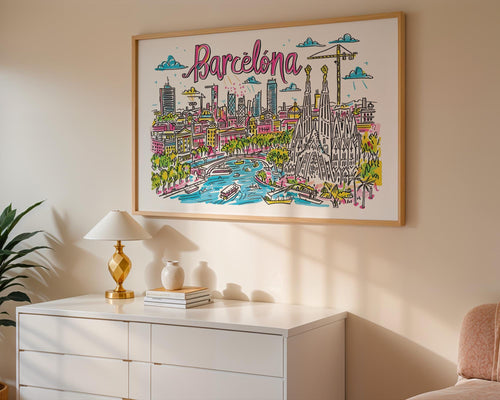 Barcelona Cityscape Poster | Colorful Sagrada Familia Art Print wall art print, modern home decor, unframed artwork by Nomad & Nest