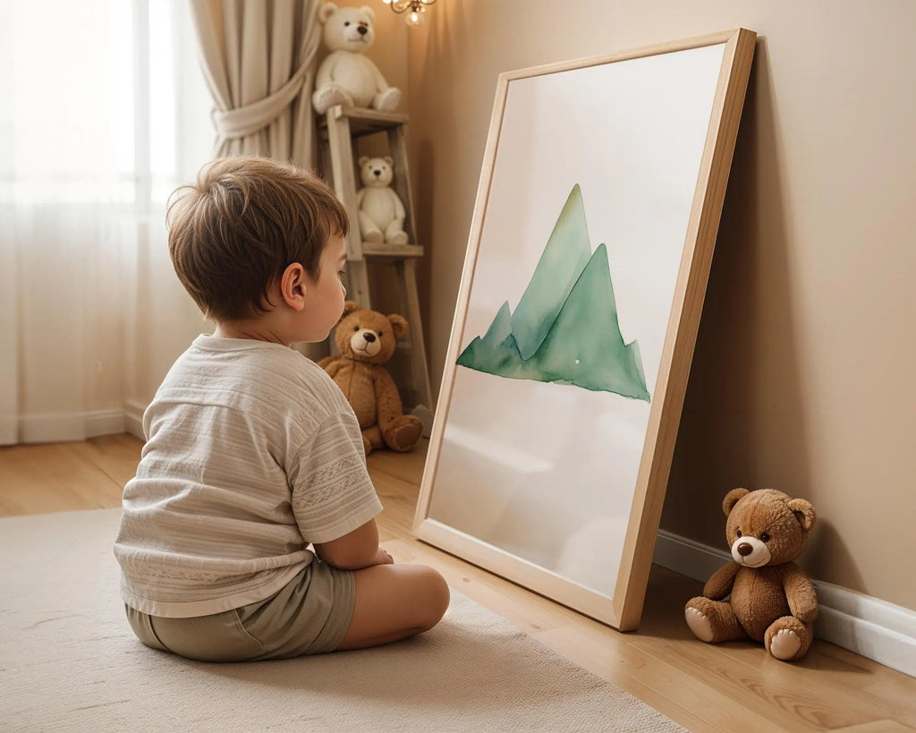 Playroom Ideas | Watercolour Green Mountains Nursery Wall Art Adventure Print wall art print, modern home decor, unframed artwork by Nomad & Nest