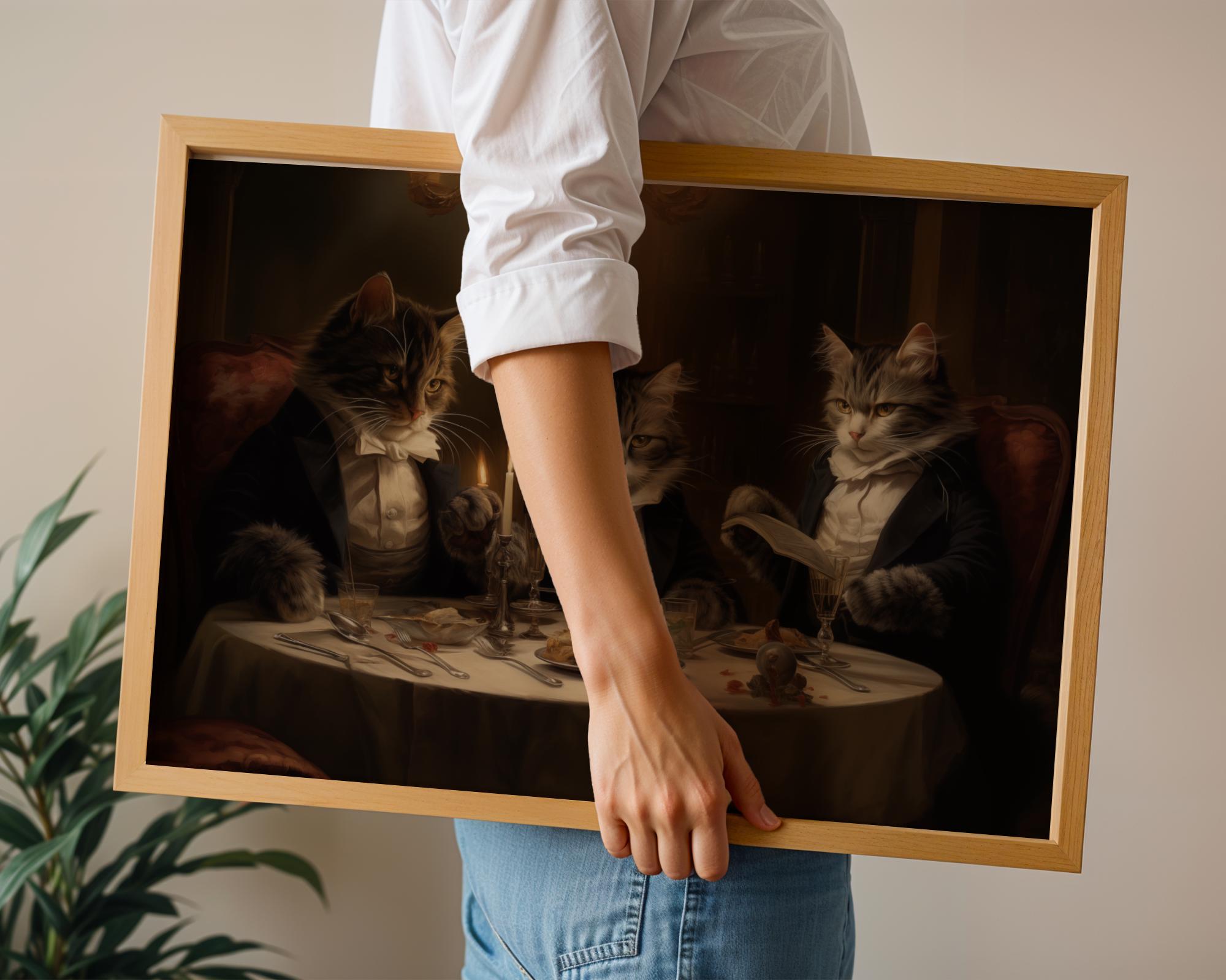 Tuxedo Cats at Dinner Party Print – Whimsical Anthropomorphic Animal Art wall art print, modern home decor, unframed artwork by Nomad & Nest