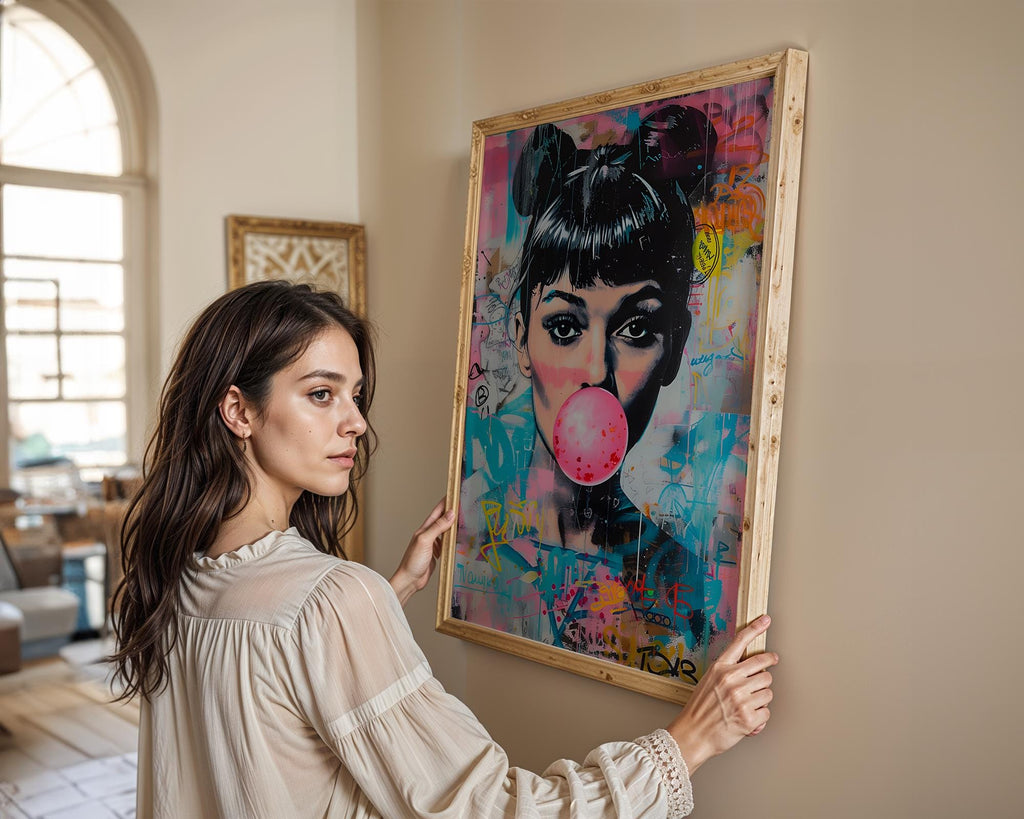 Modern Pop Art | Audrey Hepburn Bubblegum Print | Neon Graffiti wall art print, modern home decor, unframed artwork by Nomad & Nest