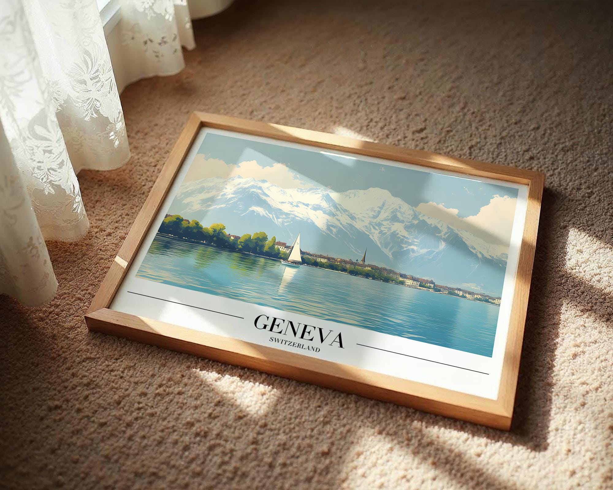 Lake Geneva Vintage Travel Poster | Snowy Alps Art Print wall art print, modern home decor, unframed artwork by Nomad & Nest