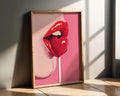 Modern Pop Art | Sexy Lips with Heart Lollipop Print | Bold Red and Pink Decor wall art print, modern home decor, unframed artwork by Nomad & Nest