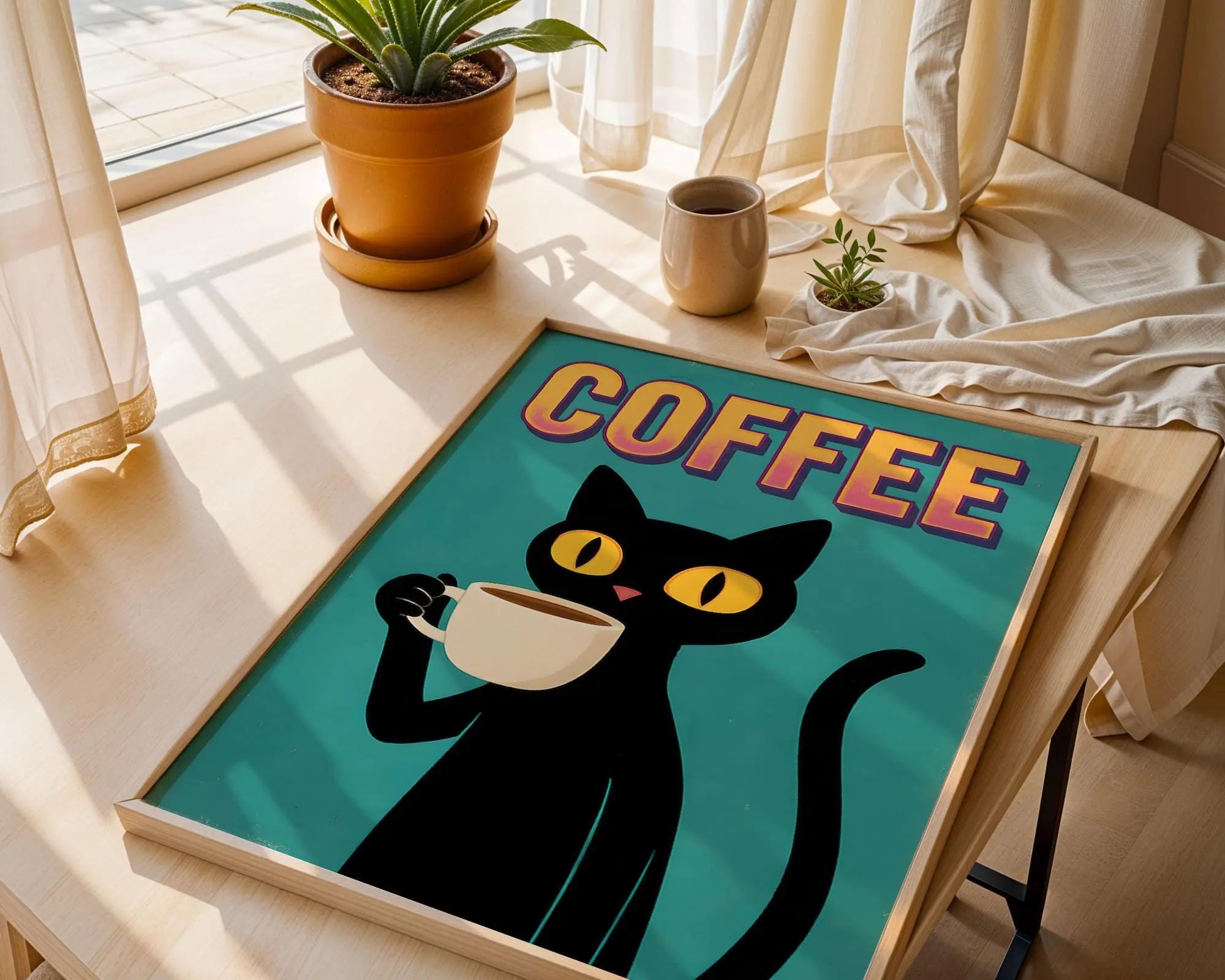 Positive Emotion | Coffee Cat Wall Art Print | Kitchen Illustration wall art print, modern home decor, unframed artwork by Nomad & Nest