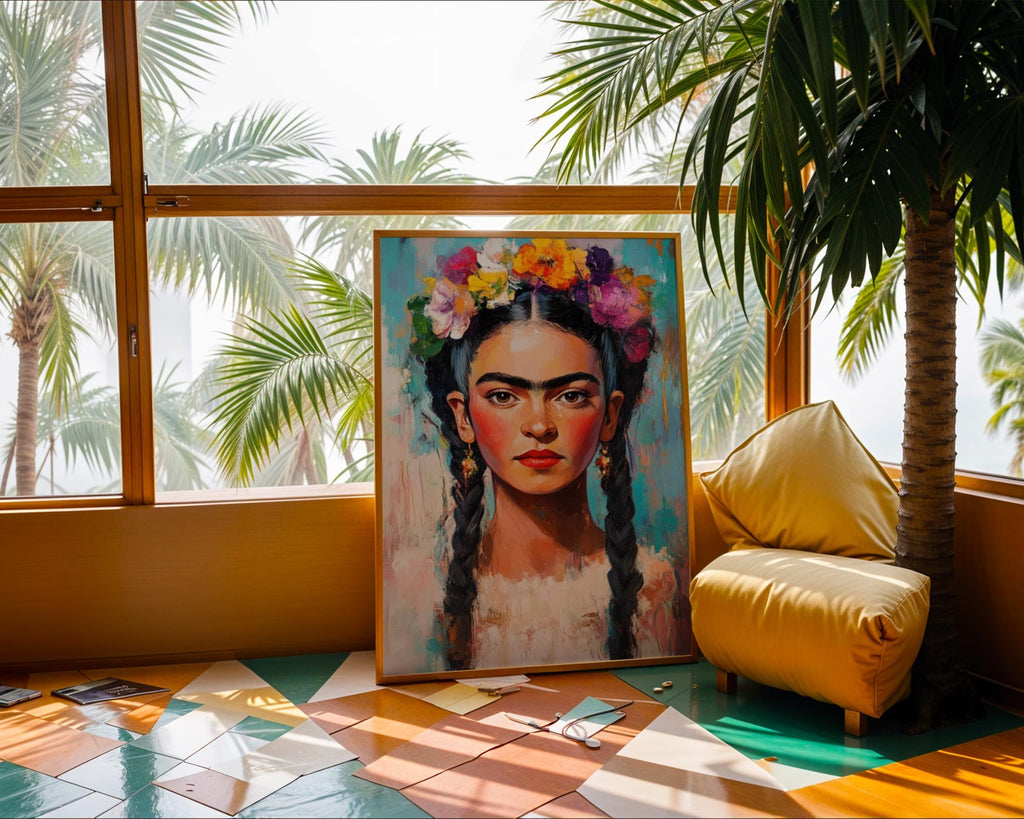 Frida Kahlo Portrait Print | Impasto Floral Crown, Mexican Folk Art wall art print, modern home decor, unframed artwork by Nomad & Nest