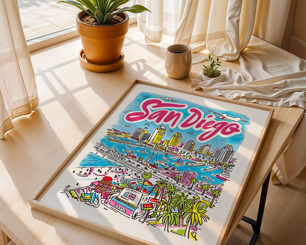 San Diego California Travel Poster | Colorful Coastal Skyline Art Print wall art print, modern home decor, unframed artwork by Nomad & Nest