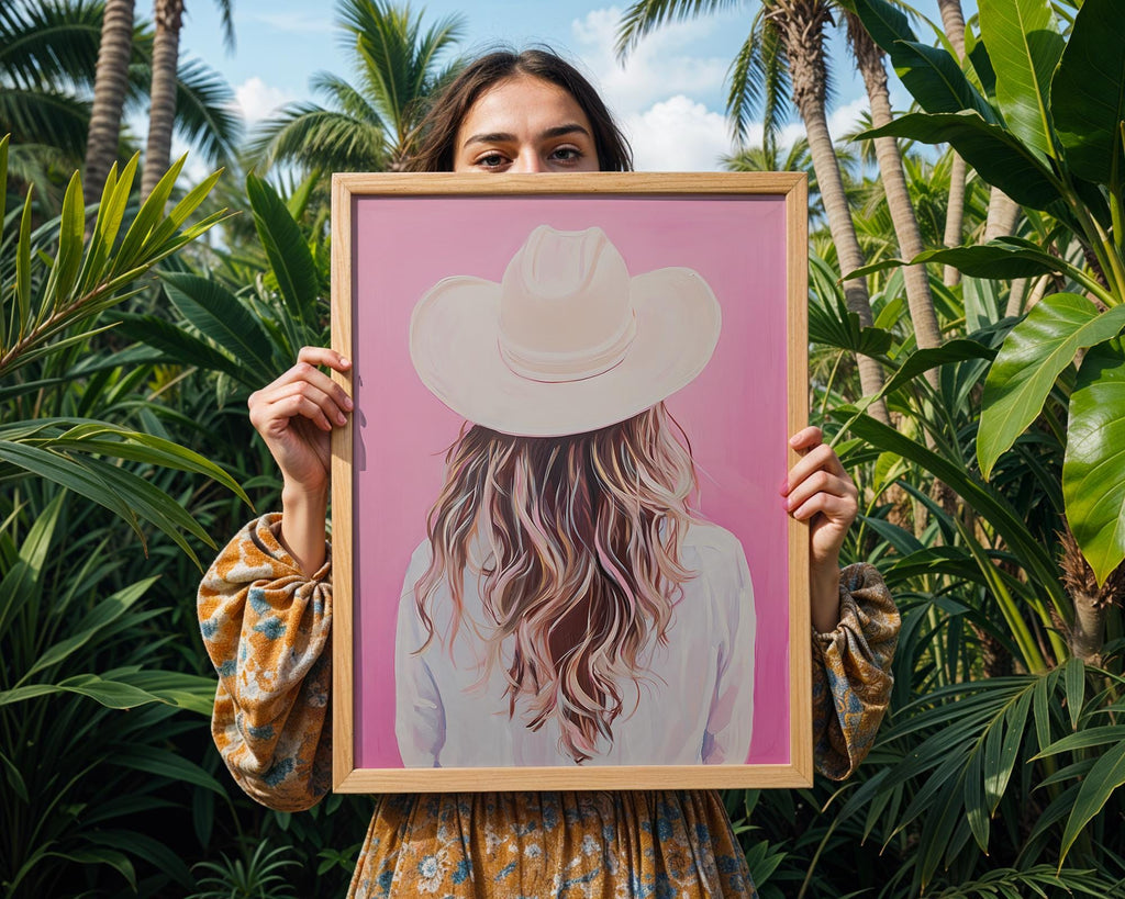 Coastal Cowgirl Art Print | Blonde Hair, Pink Western Decor wall art print, modern home decor, unframed artwork by Nomad & Nest